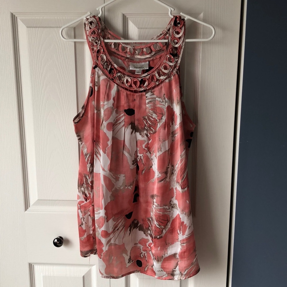 Coral/cream/black print sleeveless blouse